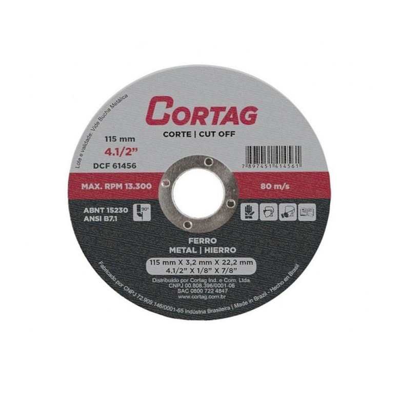 Disco de Corte Ferro 115MM  4.1/2"X1/8"X7/8" IMP 62019 Cortag