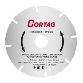 Disco de Corte Tungstênio 110mm para Madeira 61346 Cortag