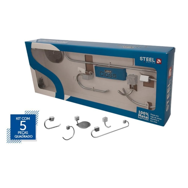 Kit Acessório para Banheiro 5 Peças Classico Quadrado K5CLQD Steel